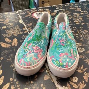 Lilly Pulitzer Aqua and Pink Floral Slip-On Sneakers